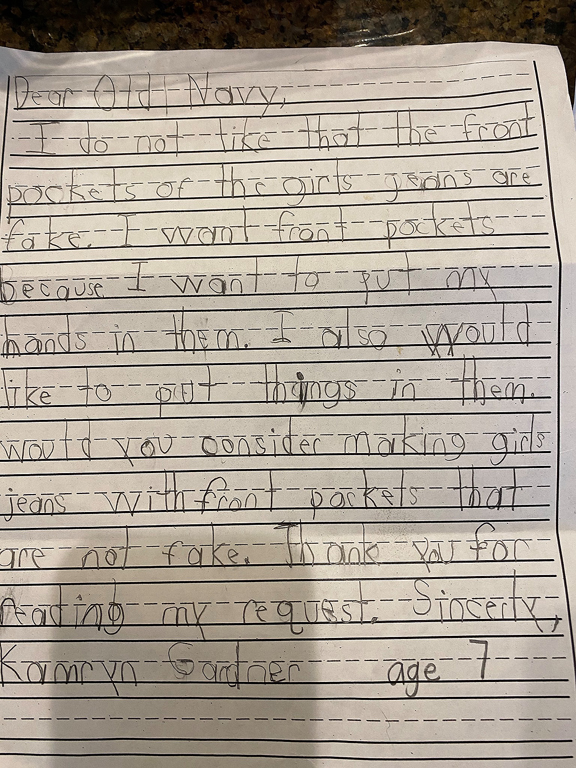 Old Navy Tells First-Grader They Plan to Develop Pockets in Girls' Jeans After She Writes Them a Letter 