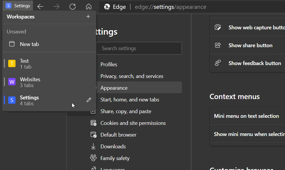 微软Edge浏览器测试Workspaces功能，类似Chrome的标签分组