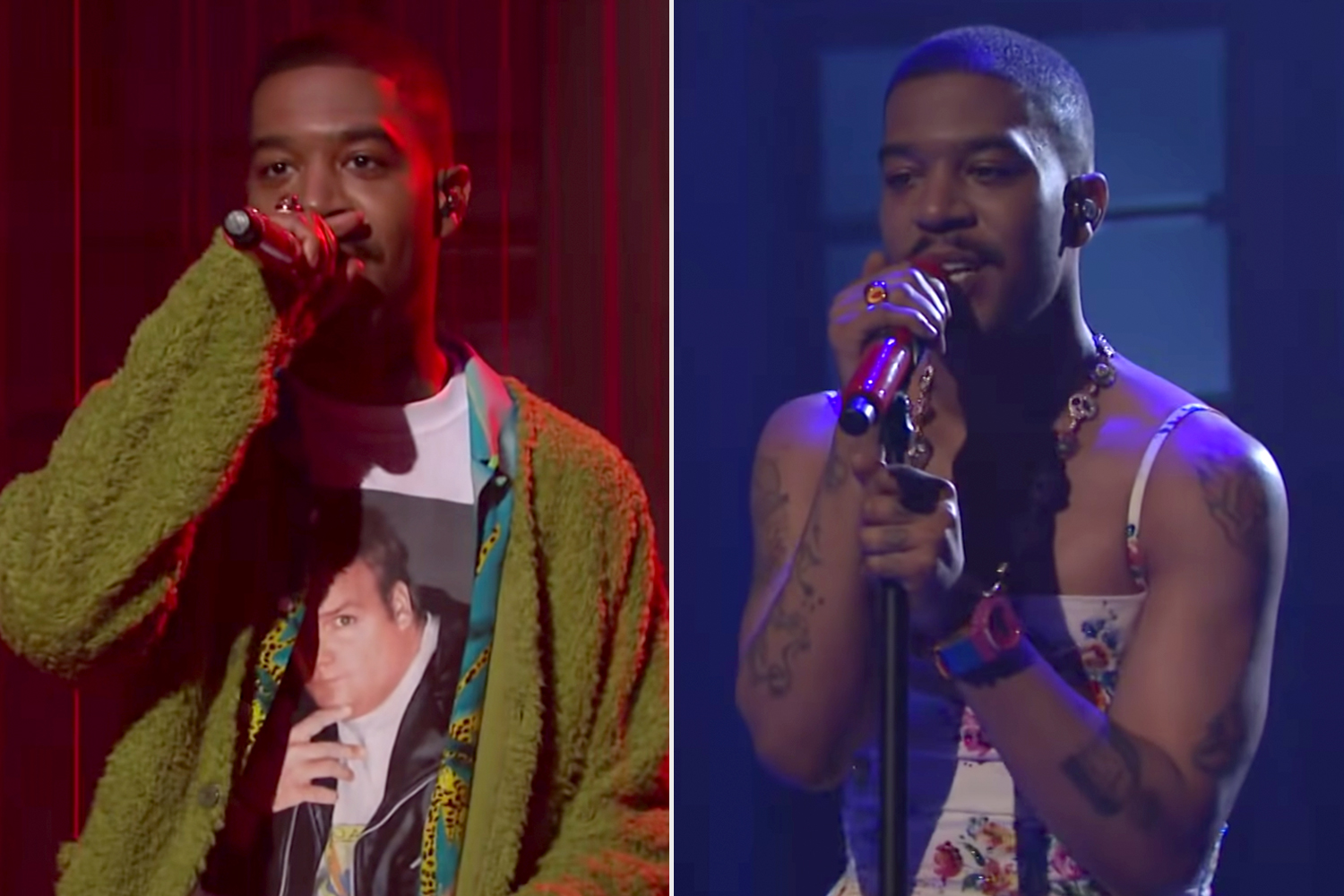 Kid Cudi wears floral dress and green cardigan inspired by Kurt Cobain for SNL performances