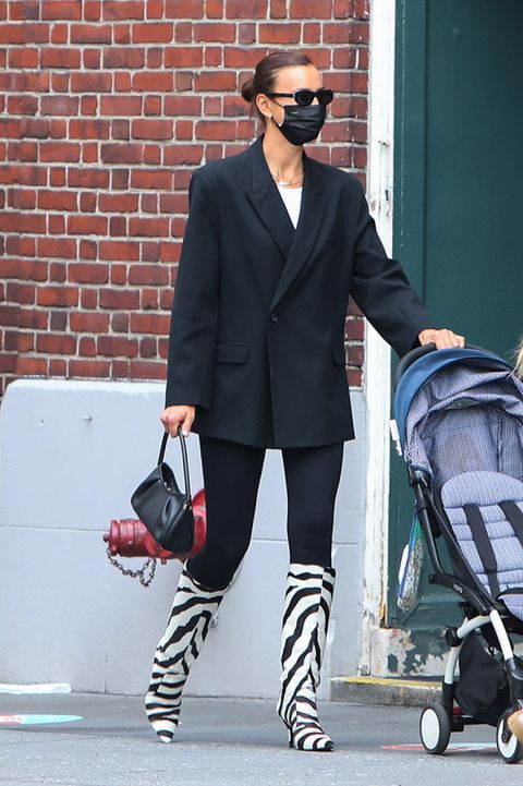 Irina Shayk Pairs an Oversized Blazer with Statement-Making Zebra-Print