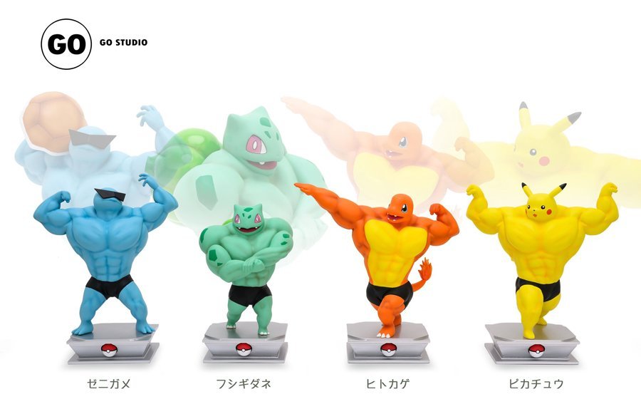 Buff pokémon figurines show how gen 1 starters would look like after working out with machamp