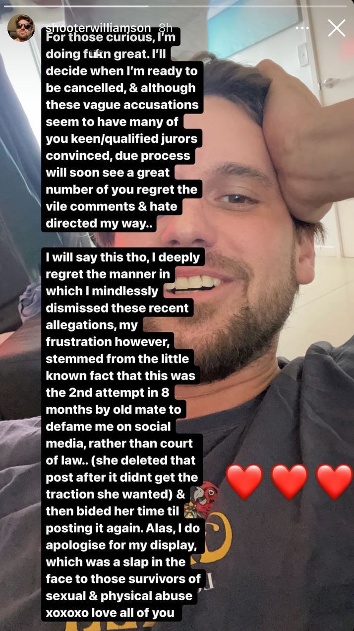 Alex Williamson Hits Back At Allegations And Says He'll Decide When He's 'Cancelled'