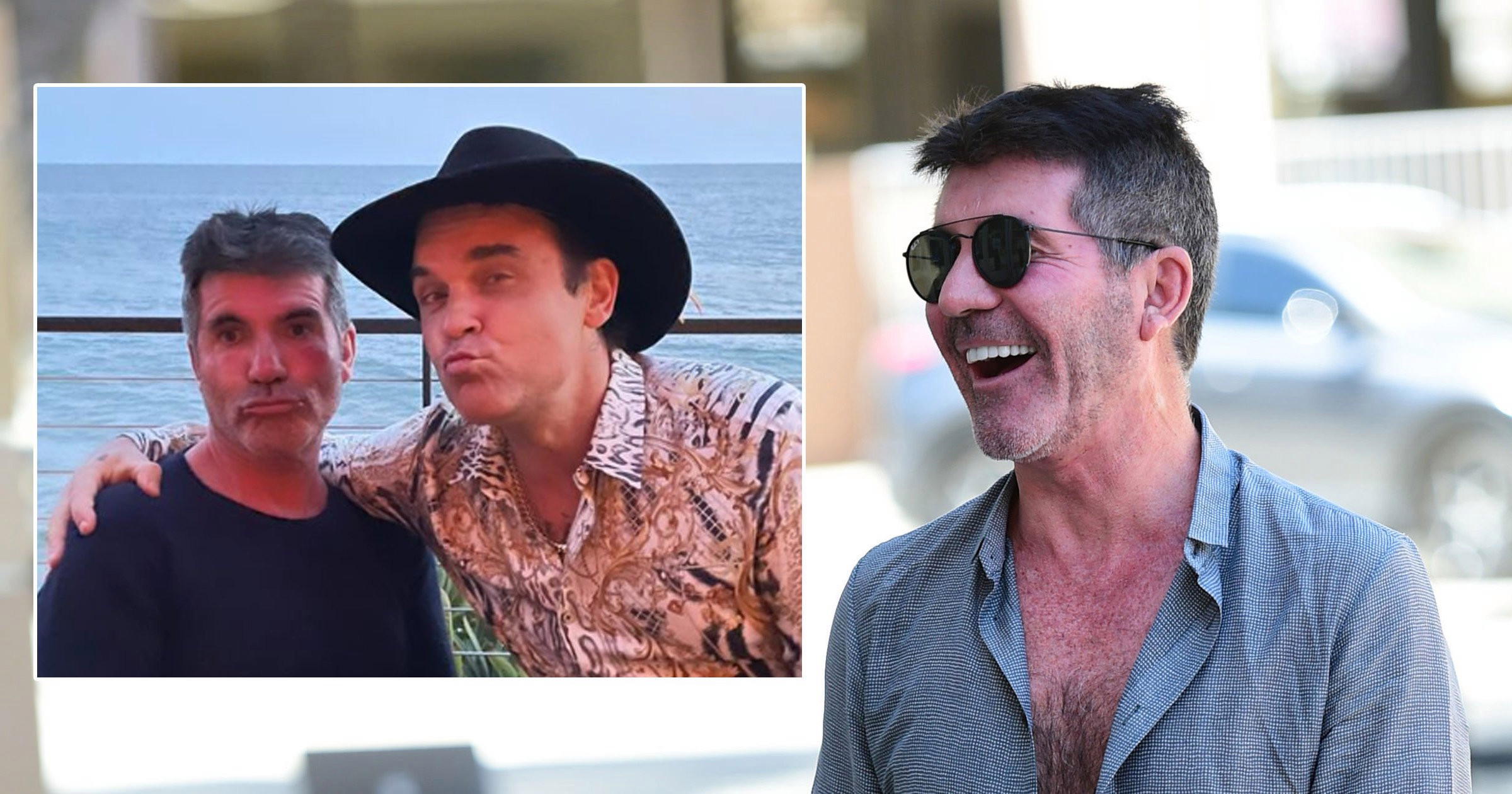 Pouting Simon Cowell cosies up to Robbie Williams on double date