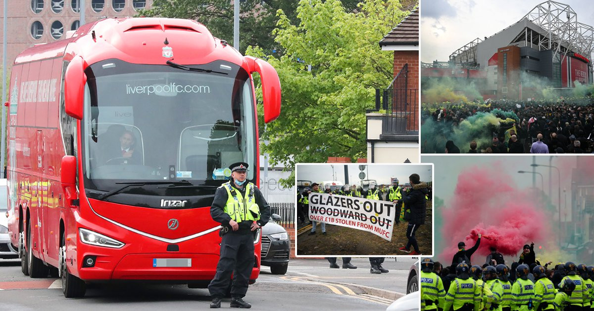 Manchester United protesters block off Liverpool team bus and let tyres down on way to Old Trafford