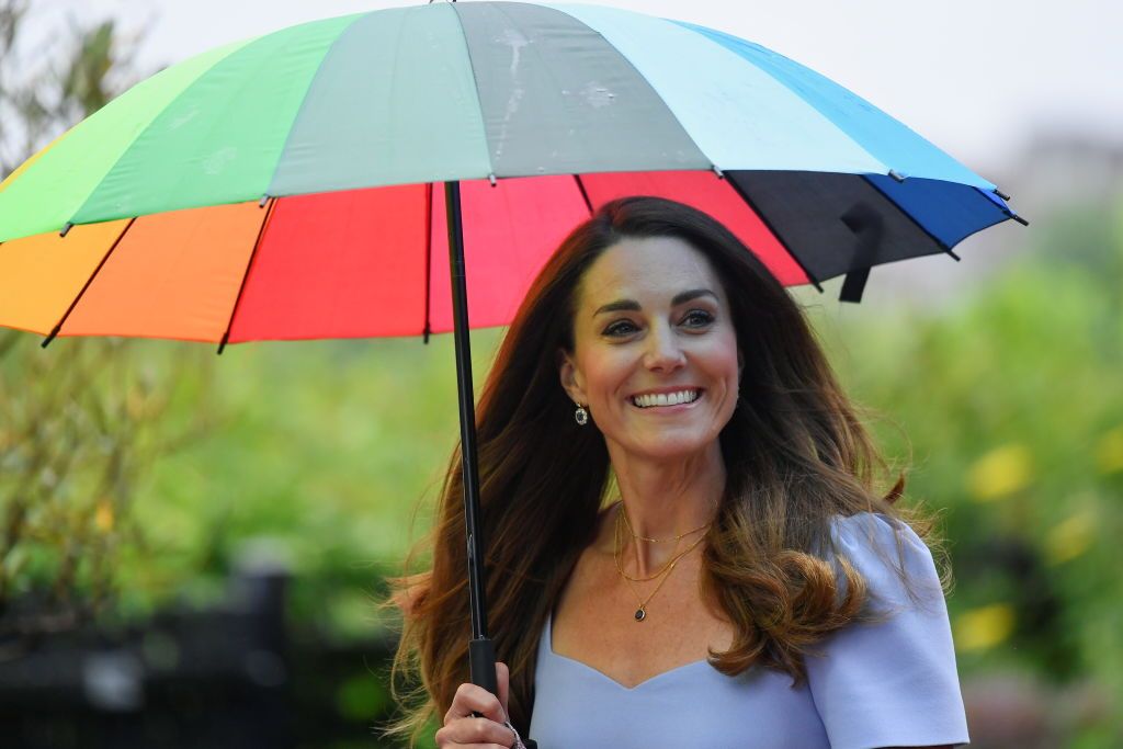 Kate Middleton Stepped Out in a Chic Lavender Midi Dress and Rainbow Umbrella For Early Childhood Event