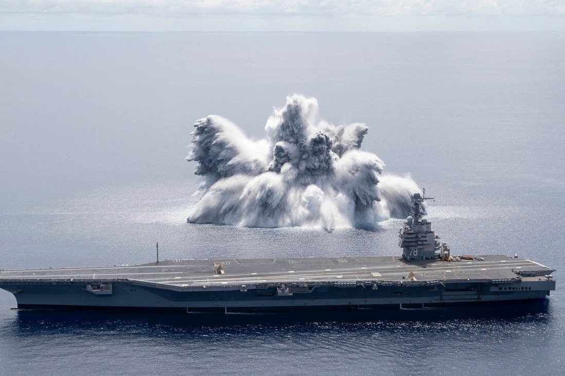 Dramatic photos show new US aircraft carrier in explosion ‘shock trial’
