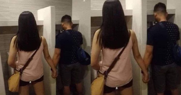 Loving Couple Hold Hand And Pee Together In Toilet Urinal Nestia 9119