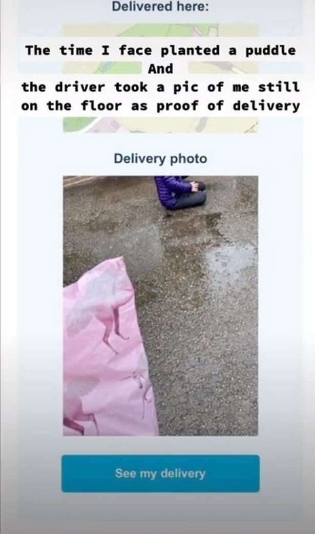'Cheeky' driver's proof of delivery photo after woman falls in puddle goes viral
