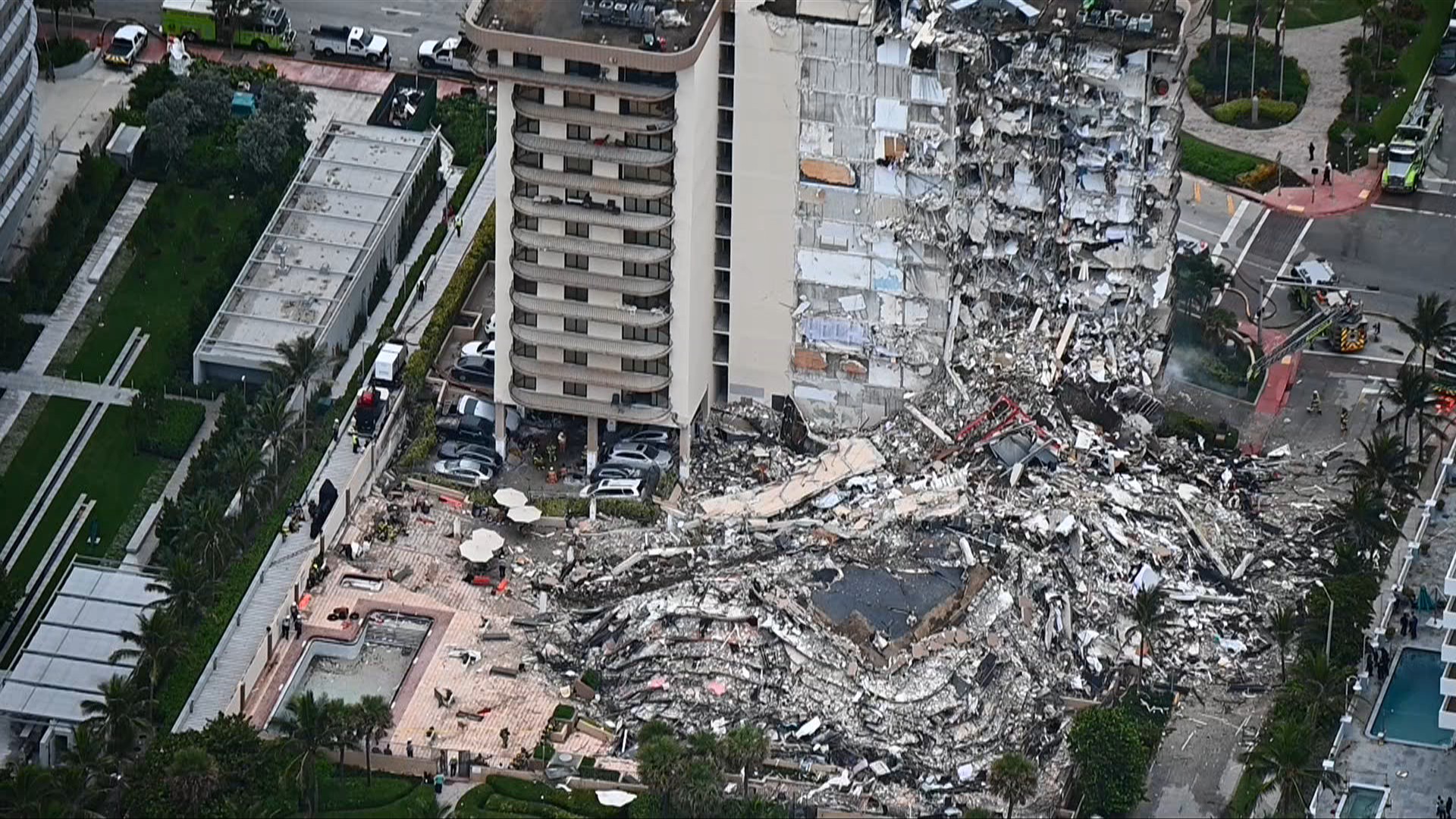 Aerial shots of Florida building collapse that left at least one dead, 99 missing