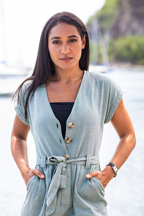 Death in Paradise's Josephine Jobert shows off white swimsuit as she enjoys dip in infinity pool