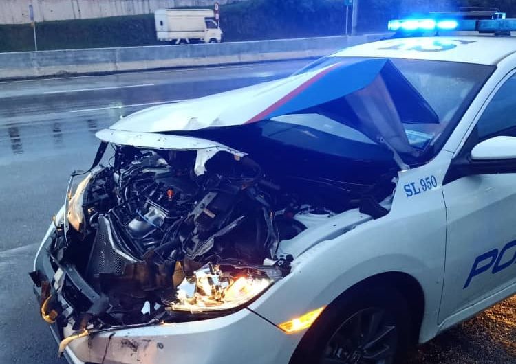 Police car badly damaged in car chase, suspect still on the loose