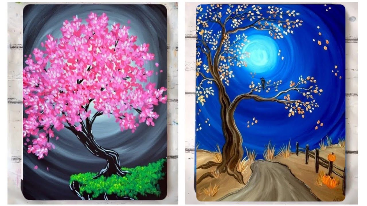 10 Super Easy Painting Ideas For Beginners - Cherry blossom Scenery Painting Ideas