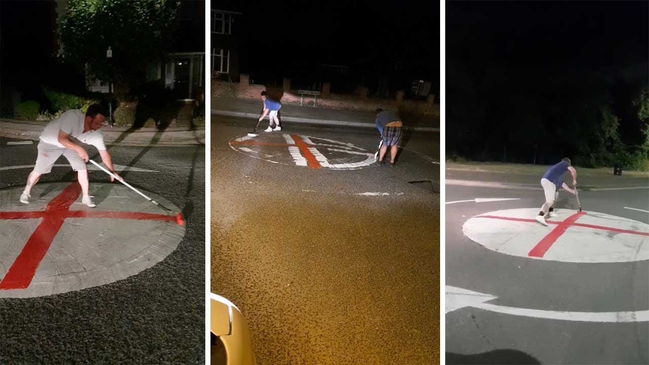 England Fans Paint England Flag On Roundabout