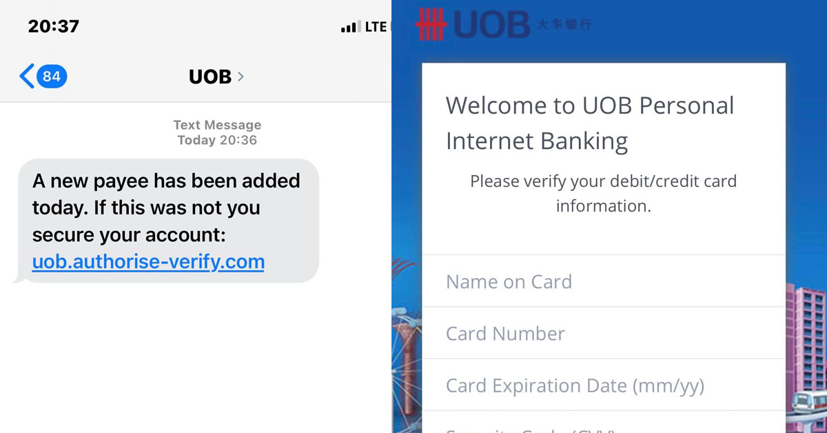 Man receives fake uob sms, uob confirmed that this is a scam