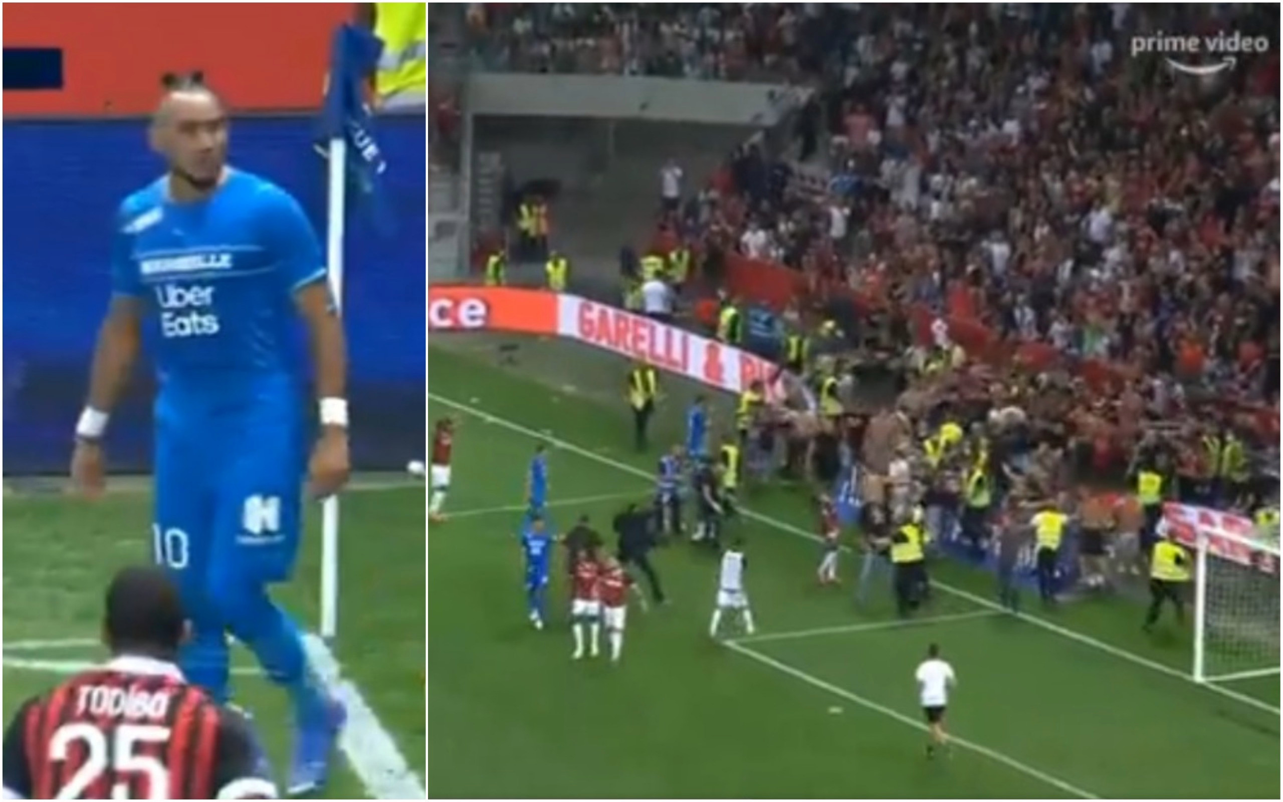 Dimitri Payet sparks pitch invasion after throwing bottle back at Nice fans during Marseille clash