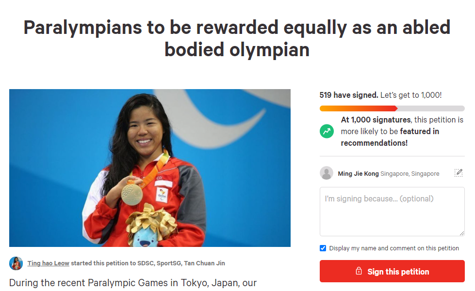 Paralympian gold medal gets $200k but Joseph Schooling get $1m. Not fair