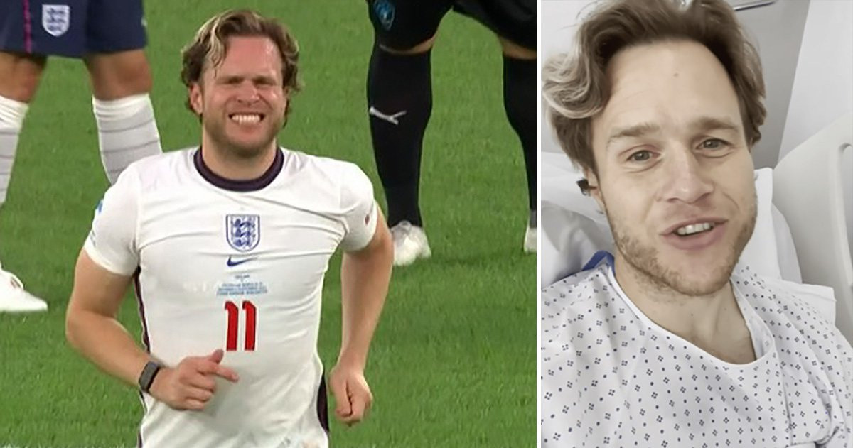 Soccer Aid captain Olly Murs grimaces as he’s subbed off minutes into match weeks after knee surgery