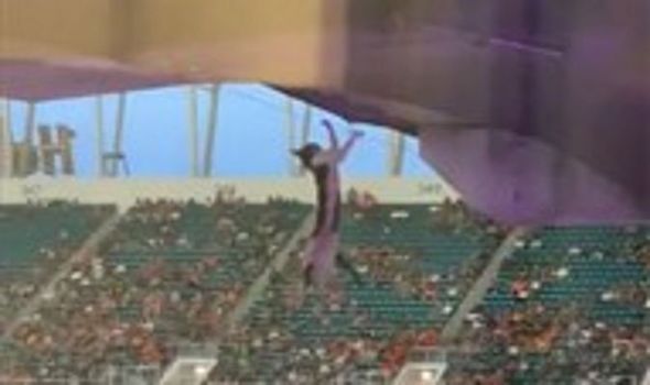 Dramatic moment football fans catch cat dangling from upper stadium stand