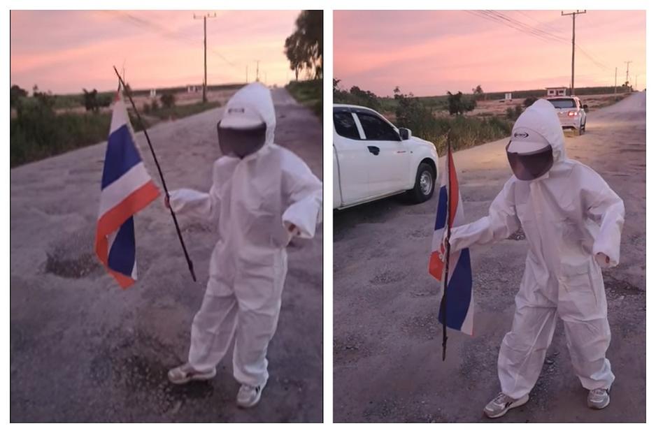 Thai woman ‘discovers new planet’ in astronaut costume in bid to get attention of local authorities to repair neighbourhood potholes