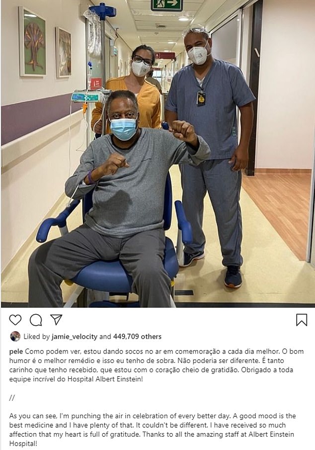 Brazilian legend Pele posts picture of him 'punching the air in celebration of every better day' as 80-year-old continues his recovery from latest health scare at Sao Paulo hospital