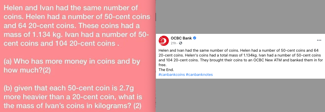 PSLE maths question: ‘Coins of Helen and Ivan’ can be banked in at OCBC for free: brilliant marketing stunt
