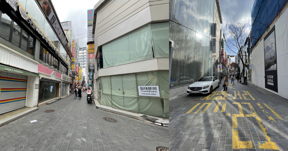Myeongdong shopping street in South Korea still sees noticeably reduced crowds & stores