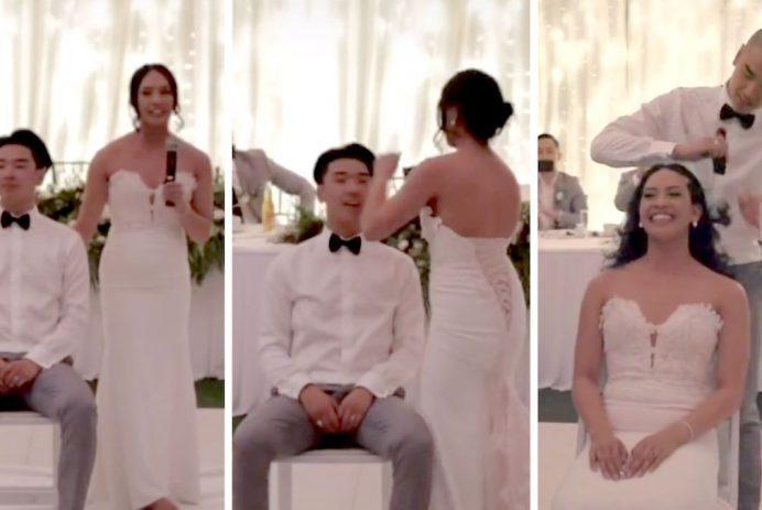 Bride and groom shock wedding guests by shaving their heads totally bald at reception: ‘For you, Mommy’