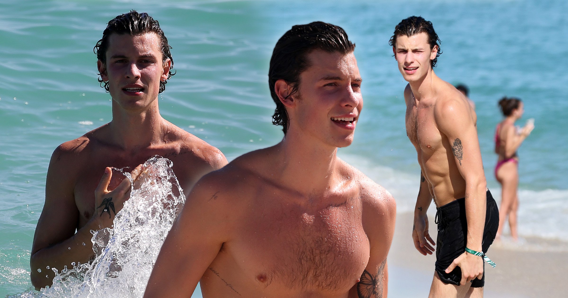 Shirtless Shawn Mendes shows off his muscles as he takes a dip in the Miami ocean