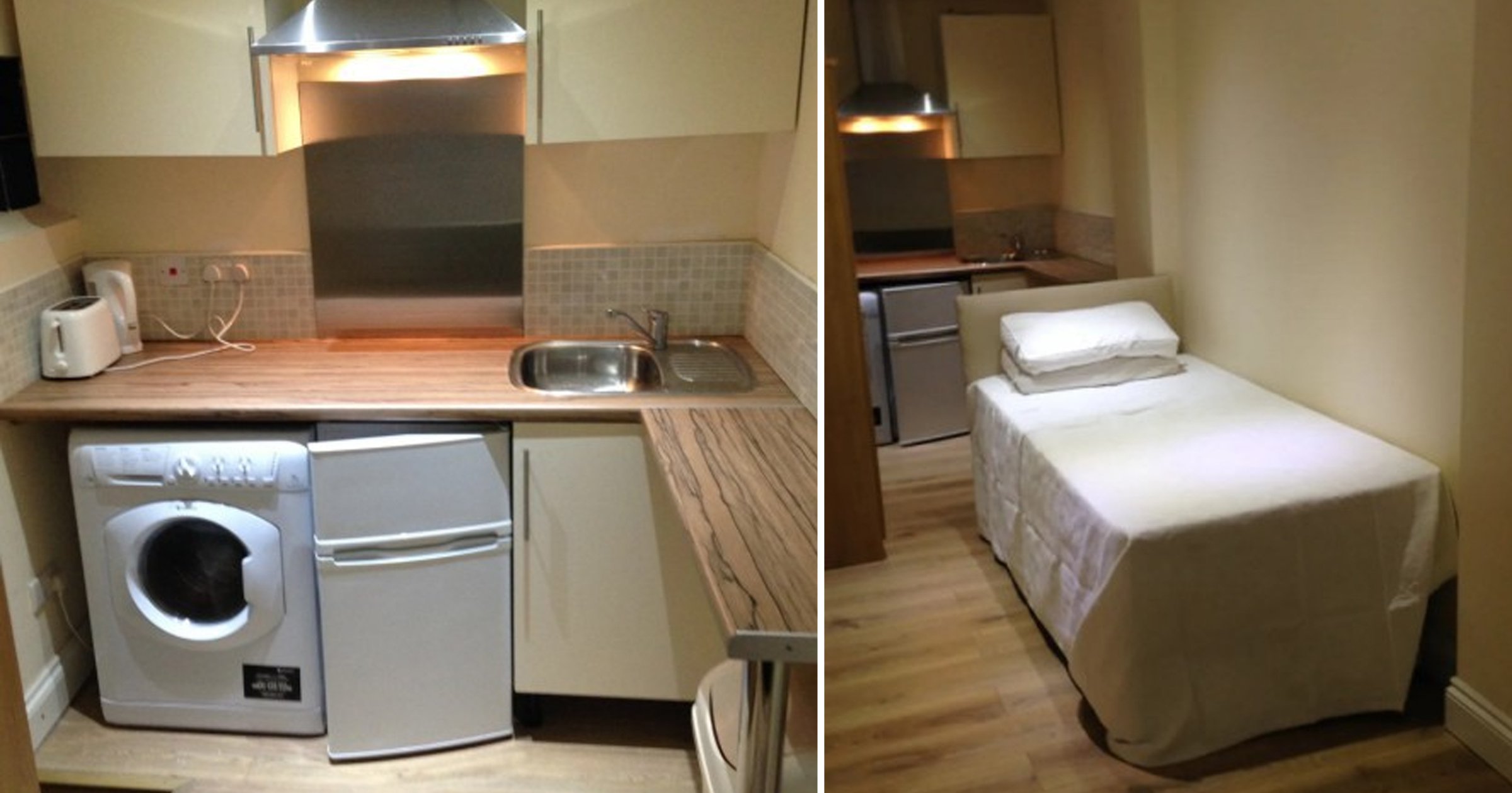 For just £875 a month, this tiny London flat with a bed in the kitchen could be yours