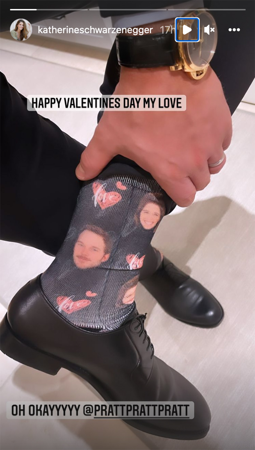 Chris Pratt Wears Socks with Katherine Schwarzenegger's Face on Them for Valentine's Day