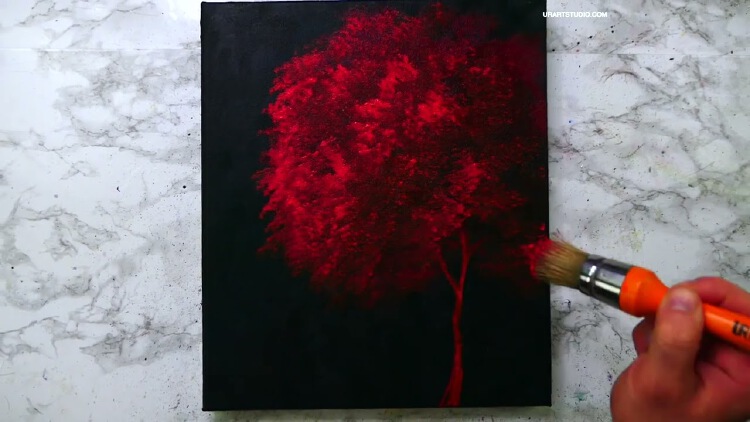 Red Tree | Black Background | Easy for Beginners | oval brush painting  technique | Nestia