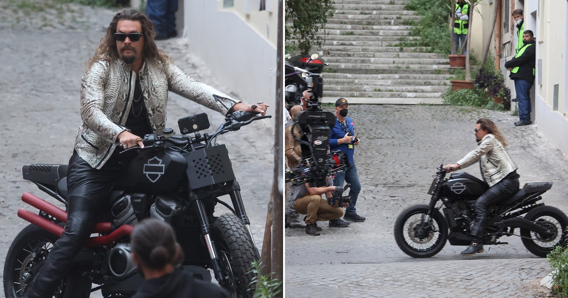 Jason Momoa goes full throttle to film motorbike stunt dressed as ‘flamboyant villain’ in loud snake skin jacket and tiny black vest for Fast and Furious 10