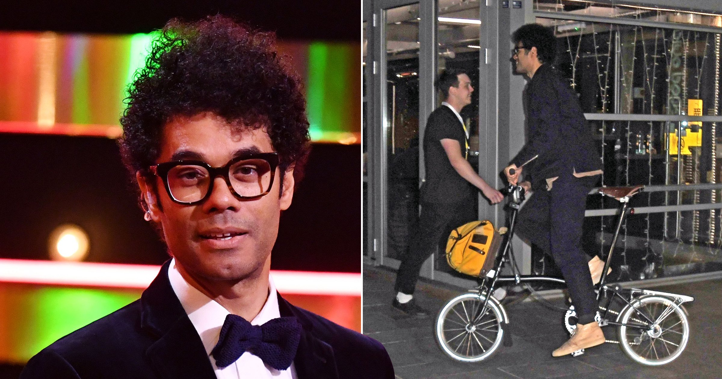 Richard Ayoade shuns glitz and glam to cycle home on trusty Brompton bike after presenting 2022 TV Baftas