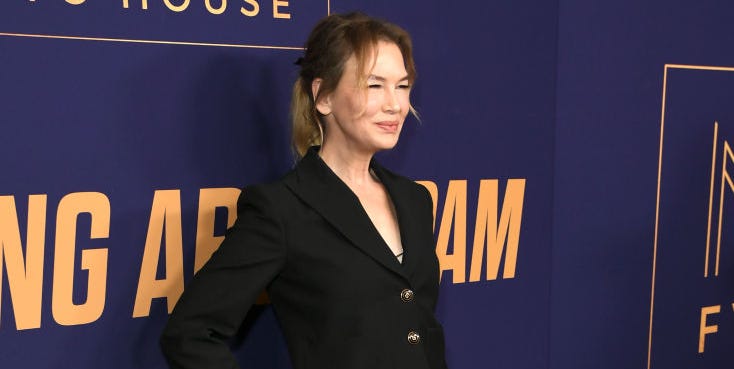 Renée Zellweger Wears a Black Gucci Suit and Messy Ponytail in Hollywood