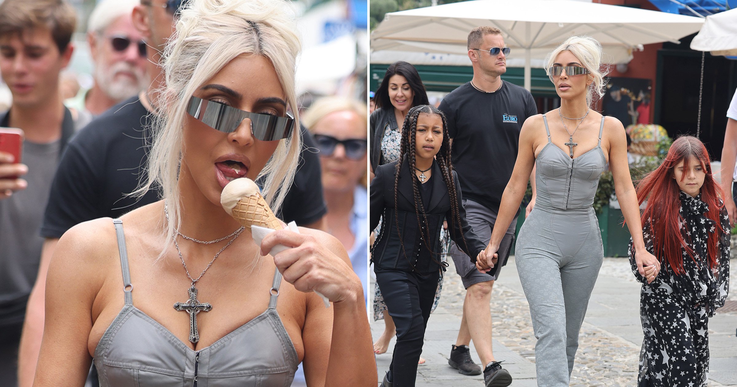 Kim Kardashian grabs ice cream with North and Penelope wearing striking corset co-ord before Kourtney and Travis Barker’s Italian wedding