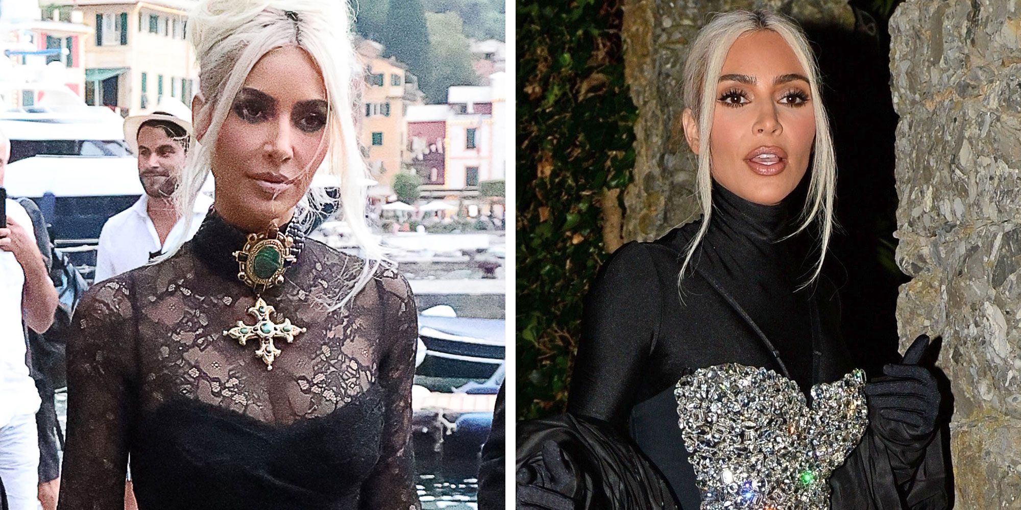 Kim Kardashian Wore a Sheer Black Lace Dress, Then a Silver Corset to Kourtney's Wedding and Reception