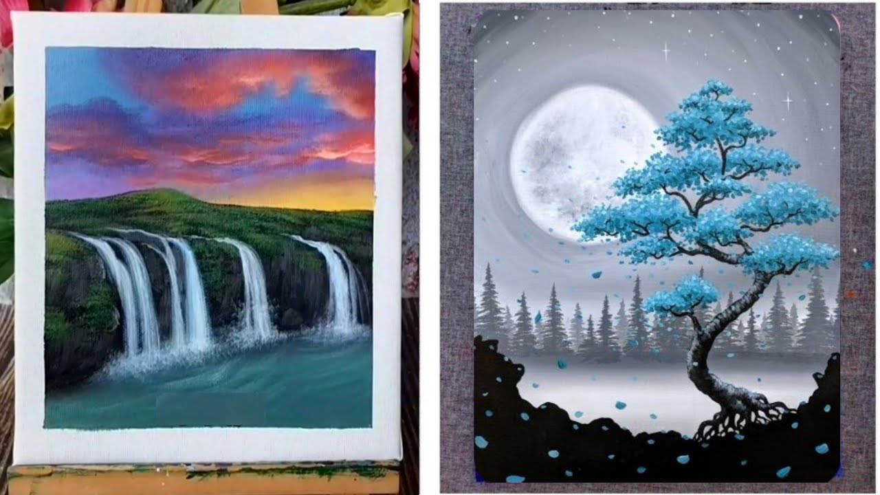 6 Easy Waterfalls Scenery Tress Painting Ideas For Beginners | Easy Painting Ideas