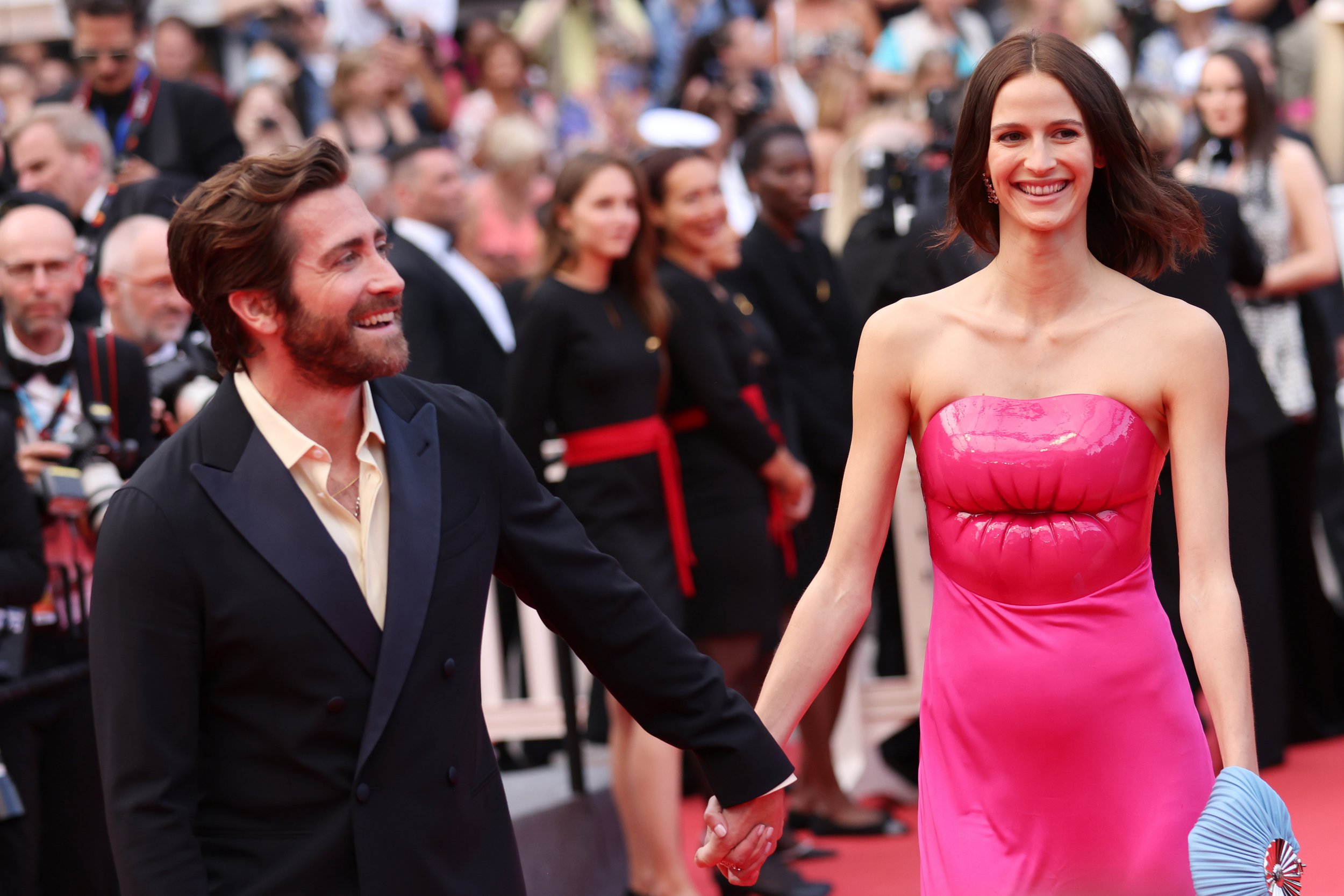 Jake Gyllenhaal’s girlfriend Jeanne Cadieu rocks bizarre lippy dress on Cannes red carpet as they give rare glimpse into romance