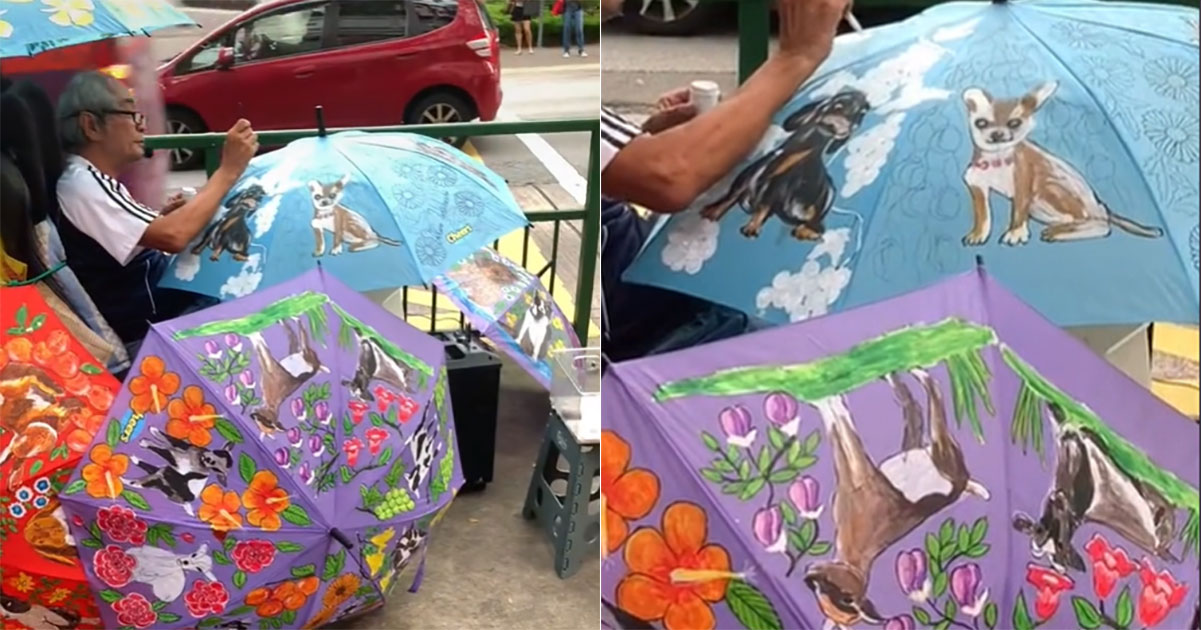 Elderly man paints dogs, cats, rabbits & lambs on umbrellas in Tiong Bahru