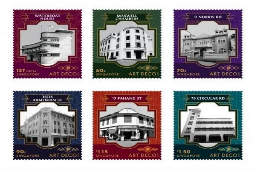 Stamps featuring six Art Deco styled buildings issued by SingPost