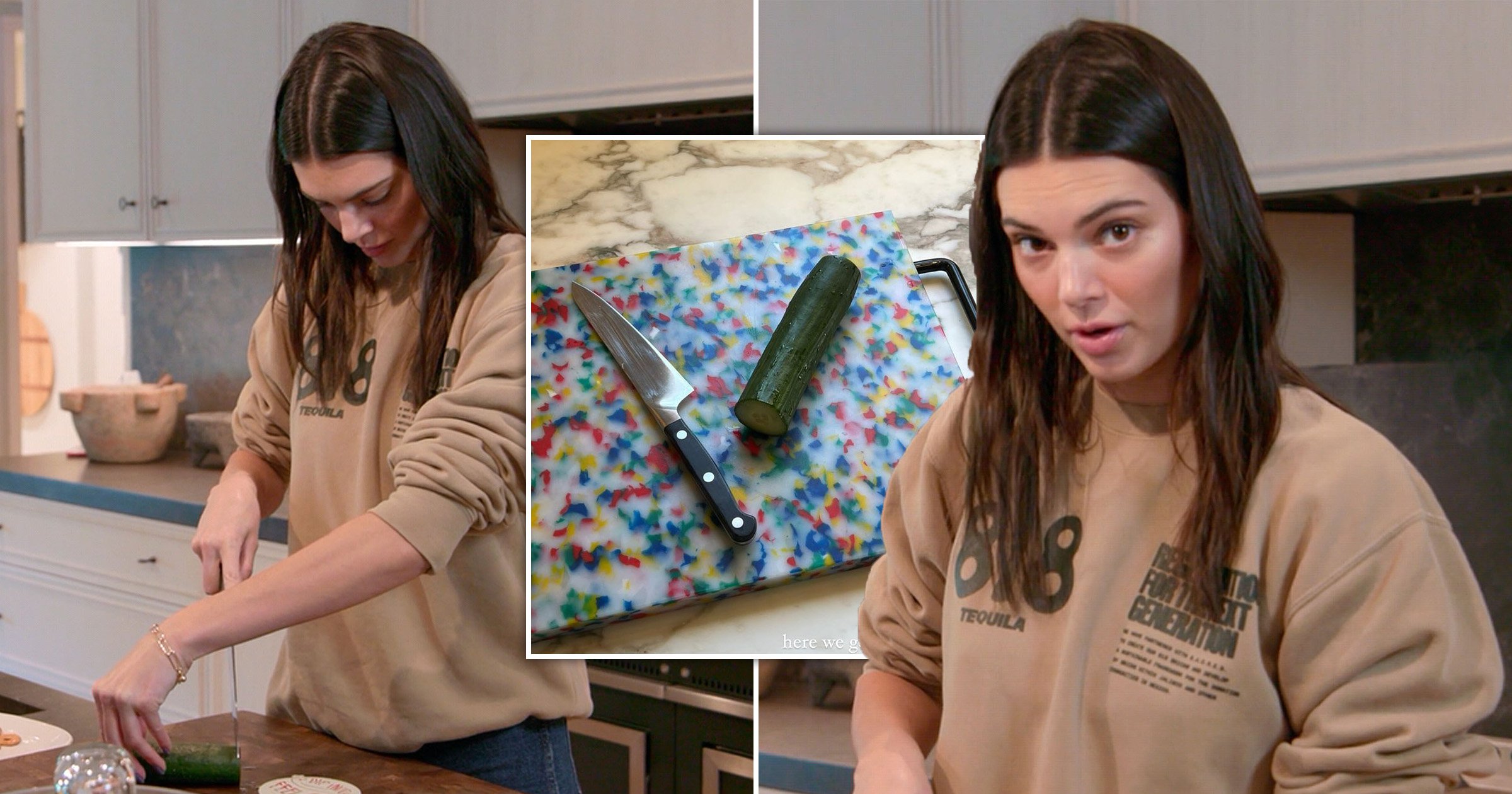 Kendall Jenner tackles cucumber slicing for second time in good spirits after brutal roasting for failed attempt