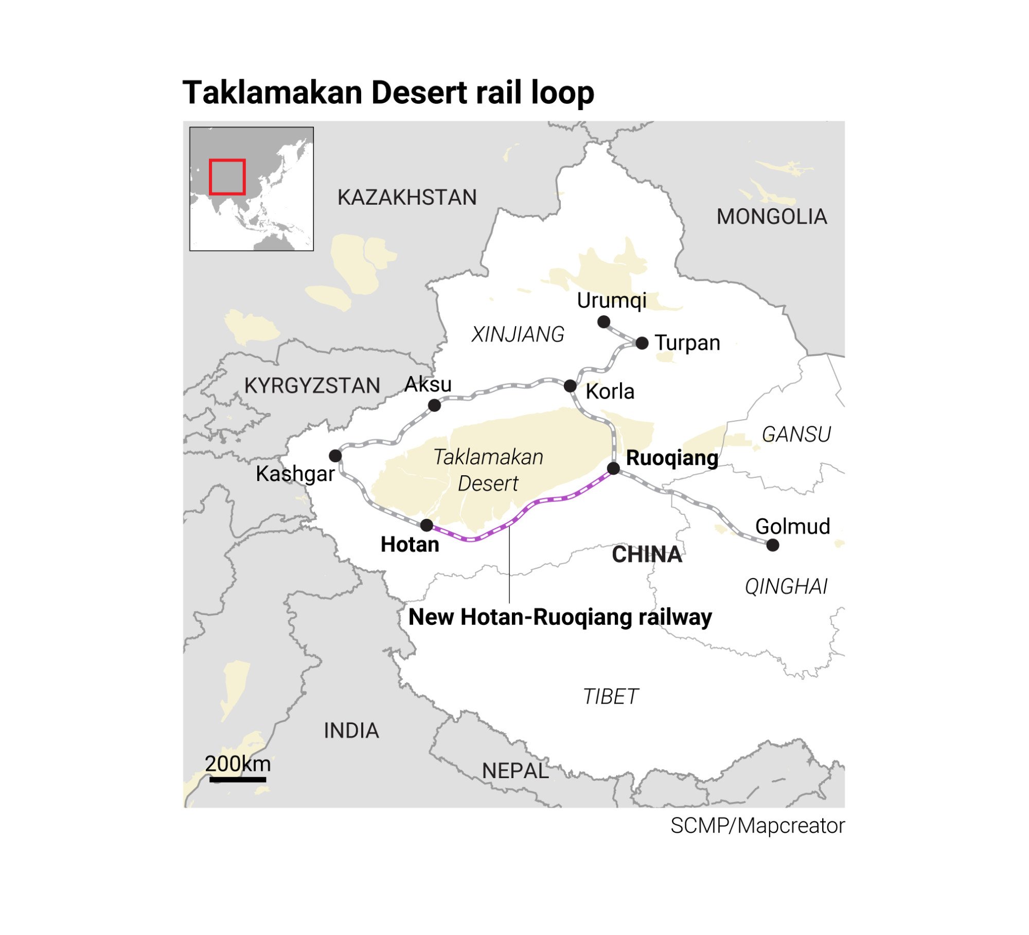 New railway completes 2,700km loop of Taklamakan Desert in move to integrate Xinjiang with rest of China