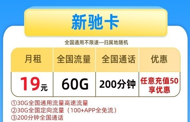 中国移动19元包60G流量加送200分钟通话