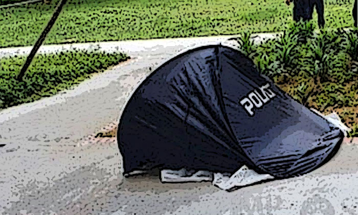 Police apologise after officer poses next to blue death tent