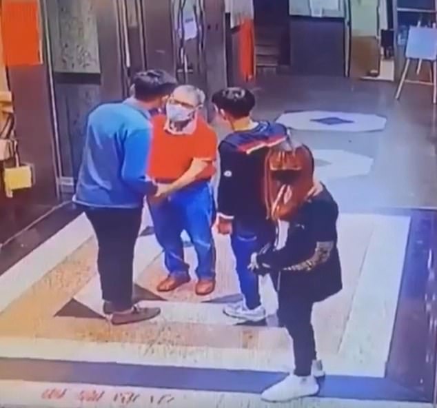 Not so tough now: Bully gets instant karma after tormenting frail pensioner when group of men emerge from elevator and decide to teach him a lesson