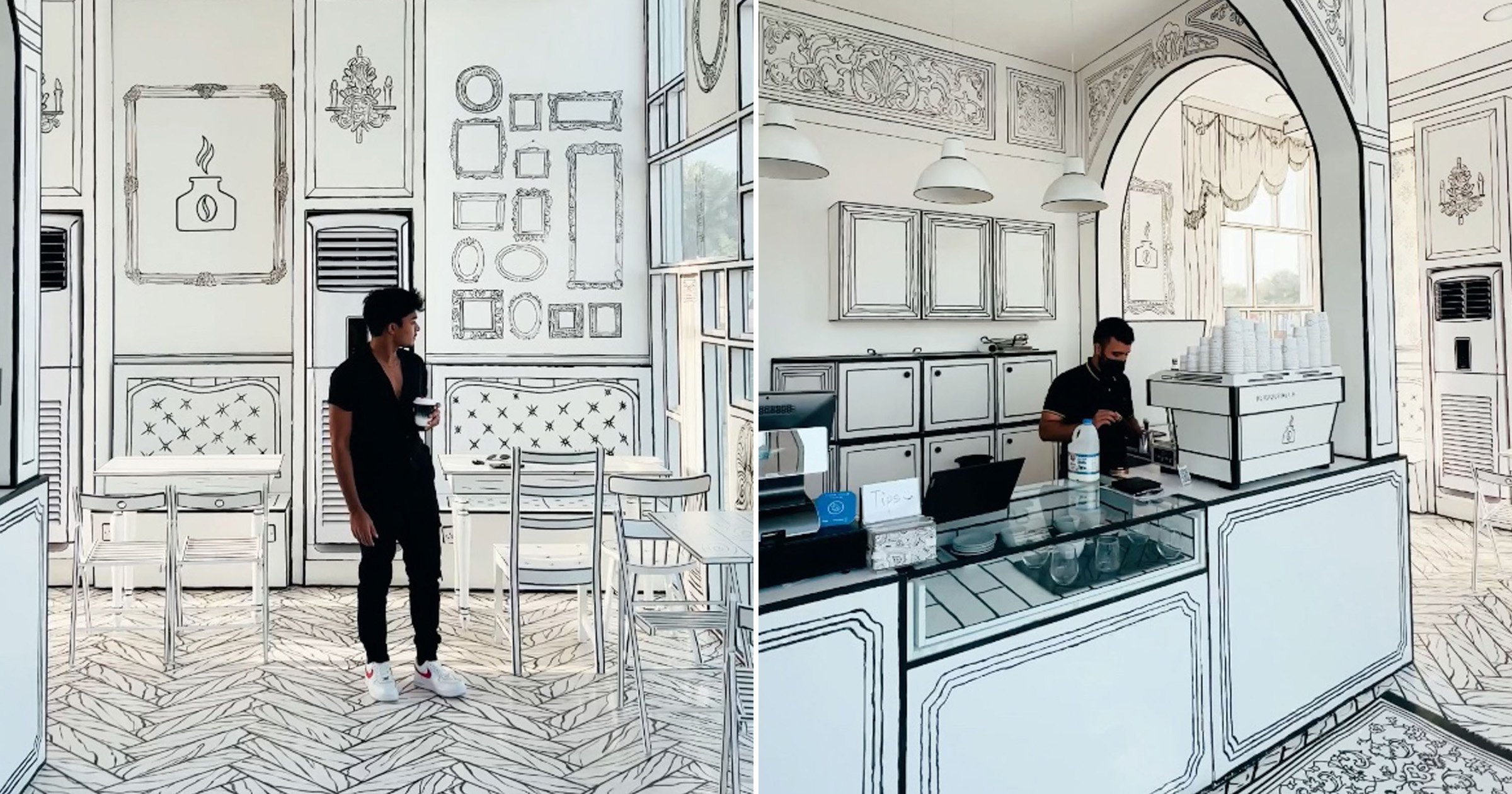 Mesmerising black and white café looks like a two-dimensional ink drawing