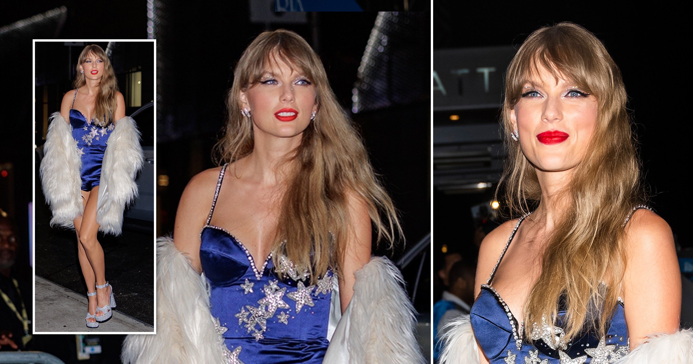 Taylor Swift stuns in satin blue playsuit and fur coat at VMAs after-party after triumphing at awards and announcing new album