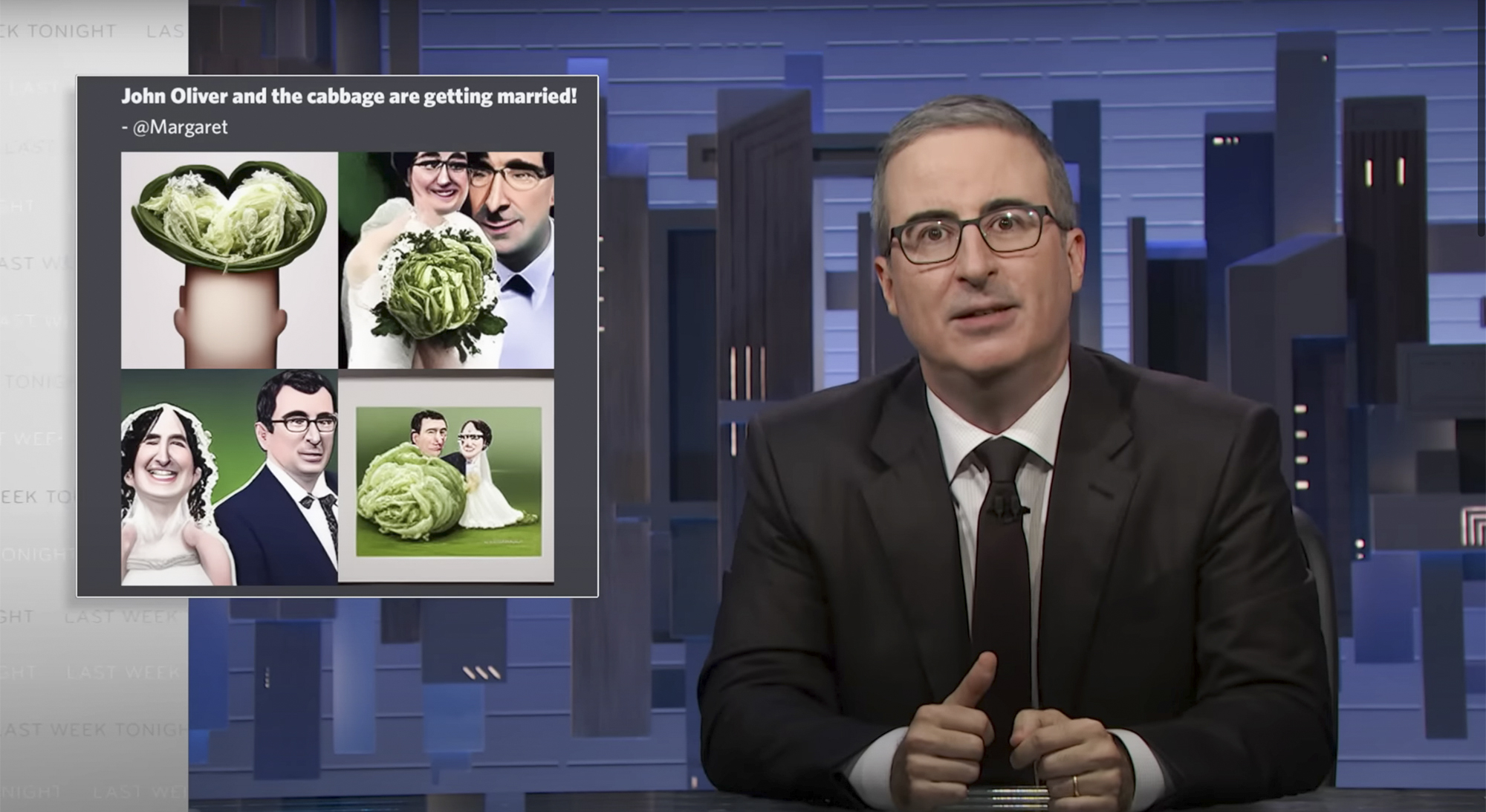 John Oliver married a cabbage with Steve Buscemi as justice of the peas on Last Week Tonight