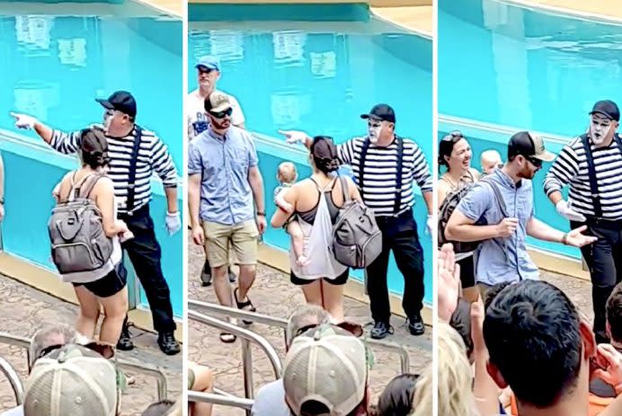 Dad is publicly shamed by SeaWorld mime for allegedly letting wife do the ‘heavy lifting’ in viral footage