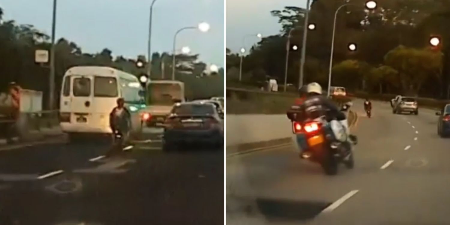 E-bike rider cuts across mandai road lanes to evade traffic police, escapes onto footpath